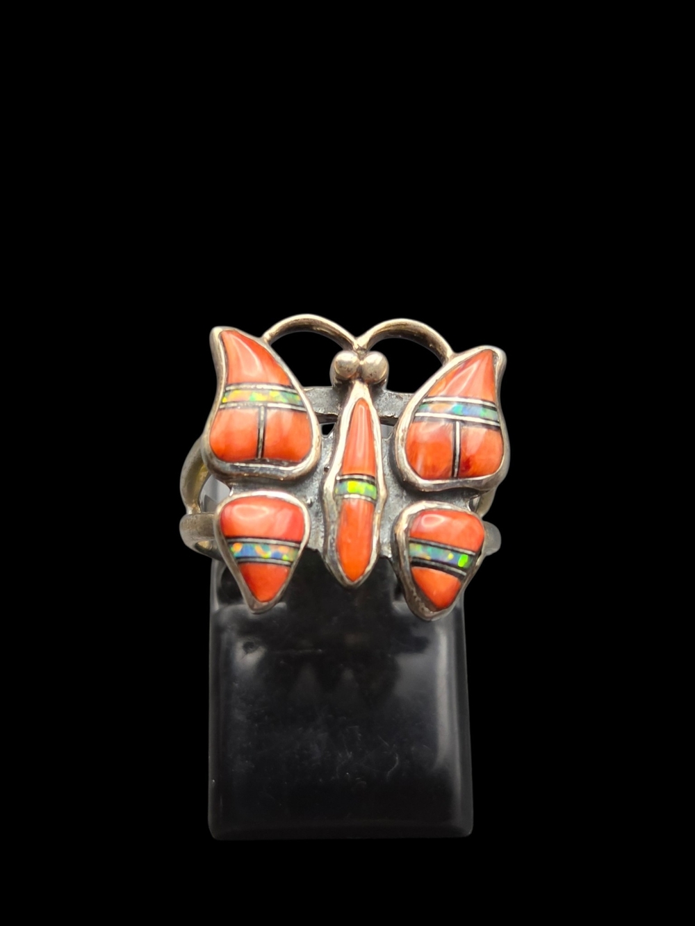 Sterling Silver Orange Spiny Oyster Opal Inlay Butterfly Ring 5